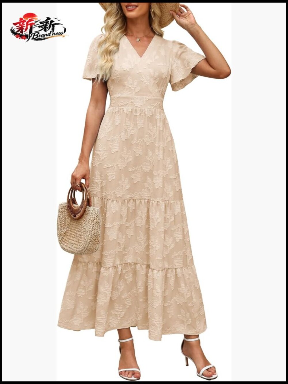 Boho Floral Maxi Dress Wrap V Neck Flutter Sleeve Flowy Tiered A Line Summer